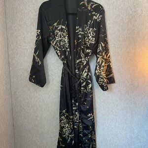 Black Floral Satin Kimono Robe
